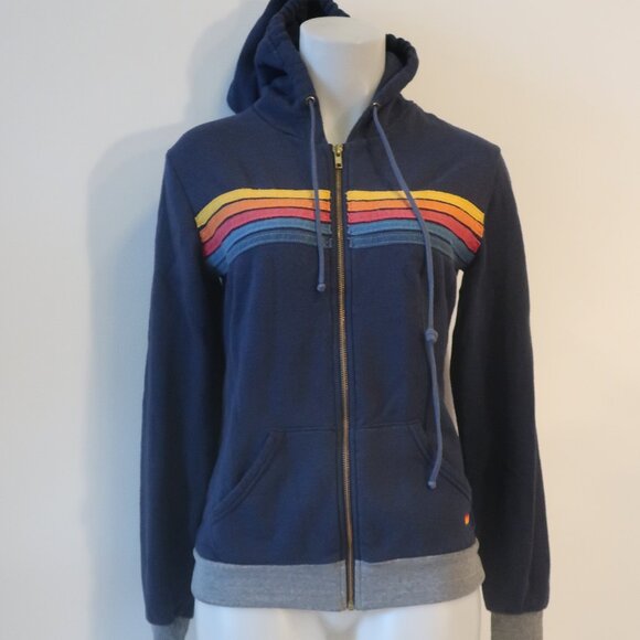 Aviator Nation Tops - Womens Aviator Nation Navy Blue Gray 5-Stripe Full Zip Hoodie S *